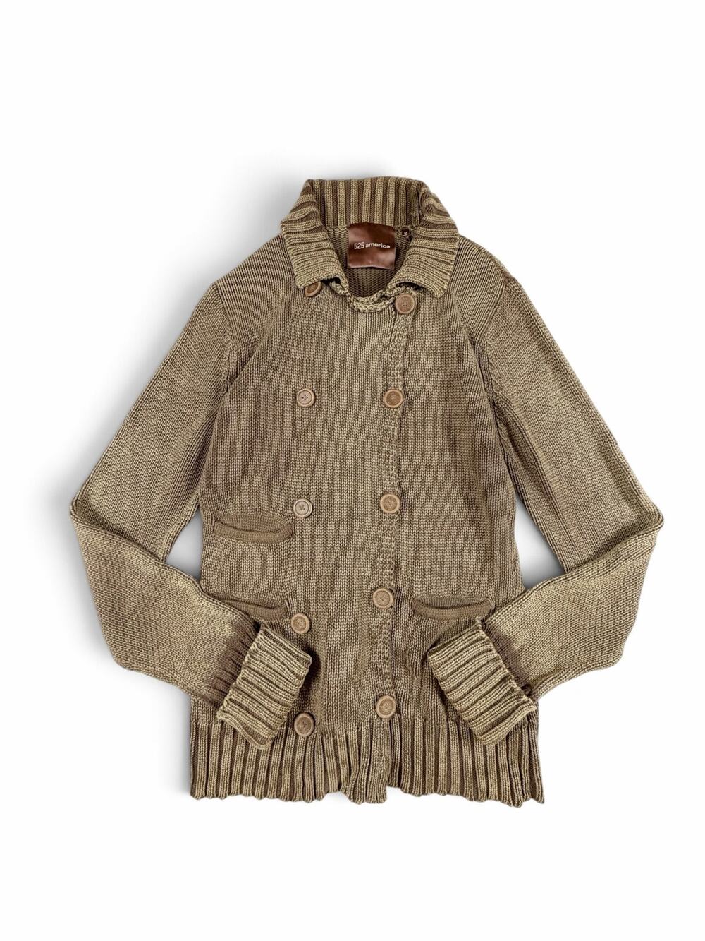 525 America Double Breasted Cotton Knit Sweater Jacket Brown Medium